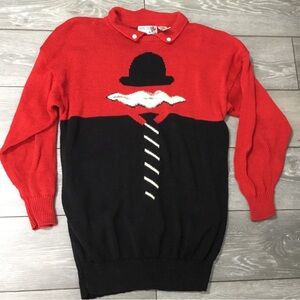 Vintage BONNIE BOERER Sweater Dress Rene Magritte size M Bowler Hat Cloud Tie